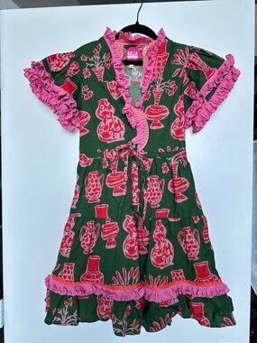 CeliaB Green Dress with Pink Floral Vase Print and Pink Ruffles